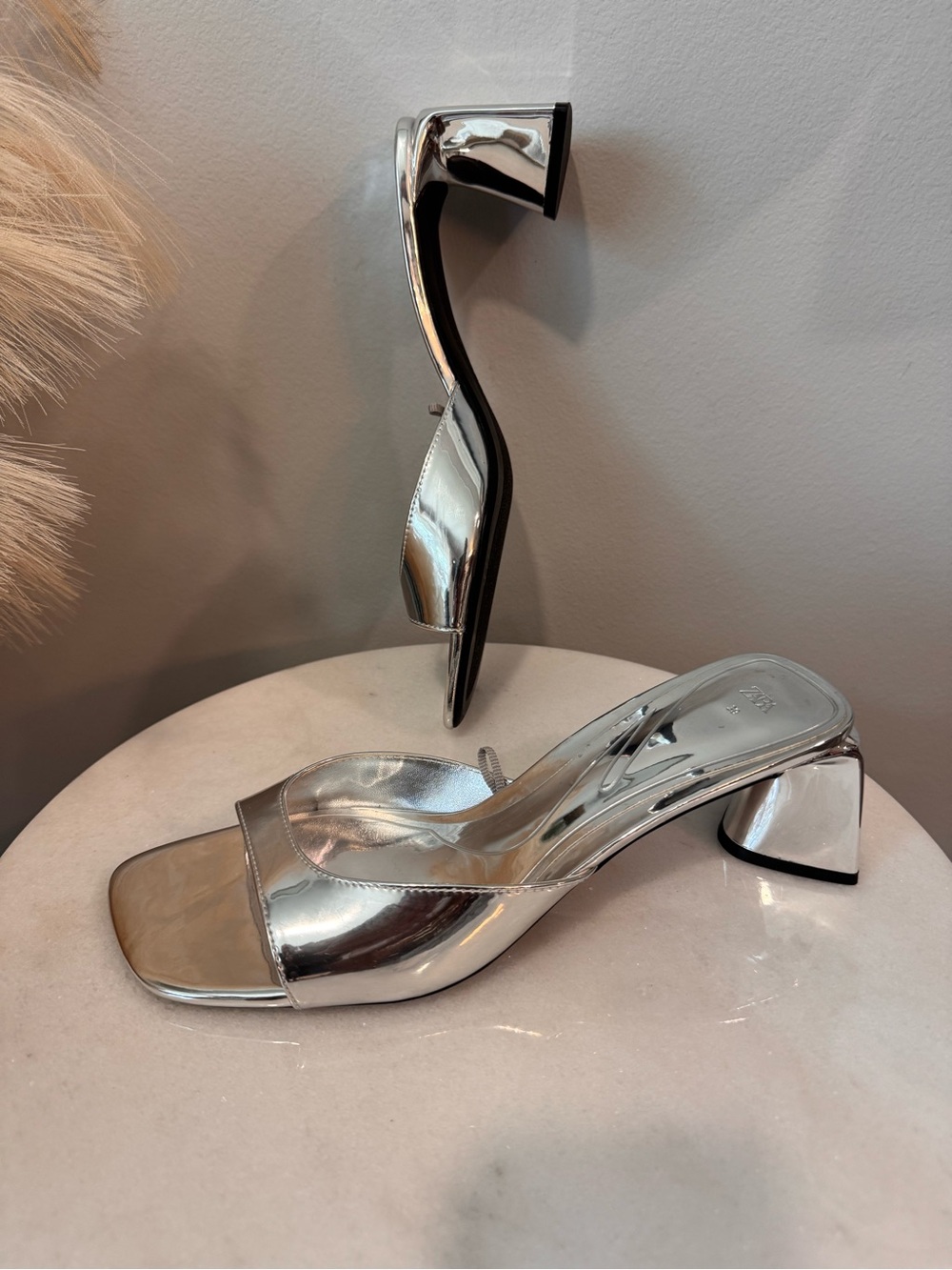 Zara Silver Metallic Open-Toe Block Heel Mules